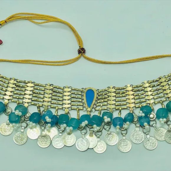 Turquoise Stone Coin Choker: Handmade Vintage Tribal Necklace - Picture 2 of 9